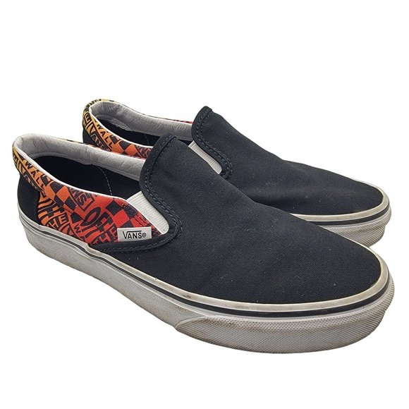 Vans Shoes - VANS Slip-On Classic Womens 7.5 Black Red Logo Flame Fire Canvas Shoes